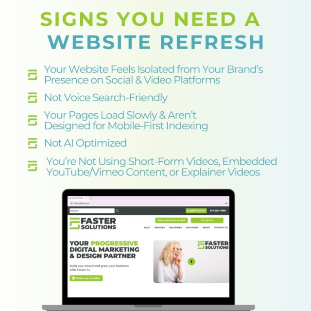 Outdated design? Slow load times? Not mobile-friendly? 📉 These are all signs you need a website refresh — and fast. Let’s give your site the glow-up it deserves!

#fastersolutions #webdesign #customwebsite